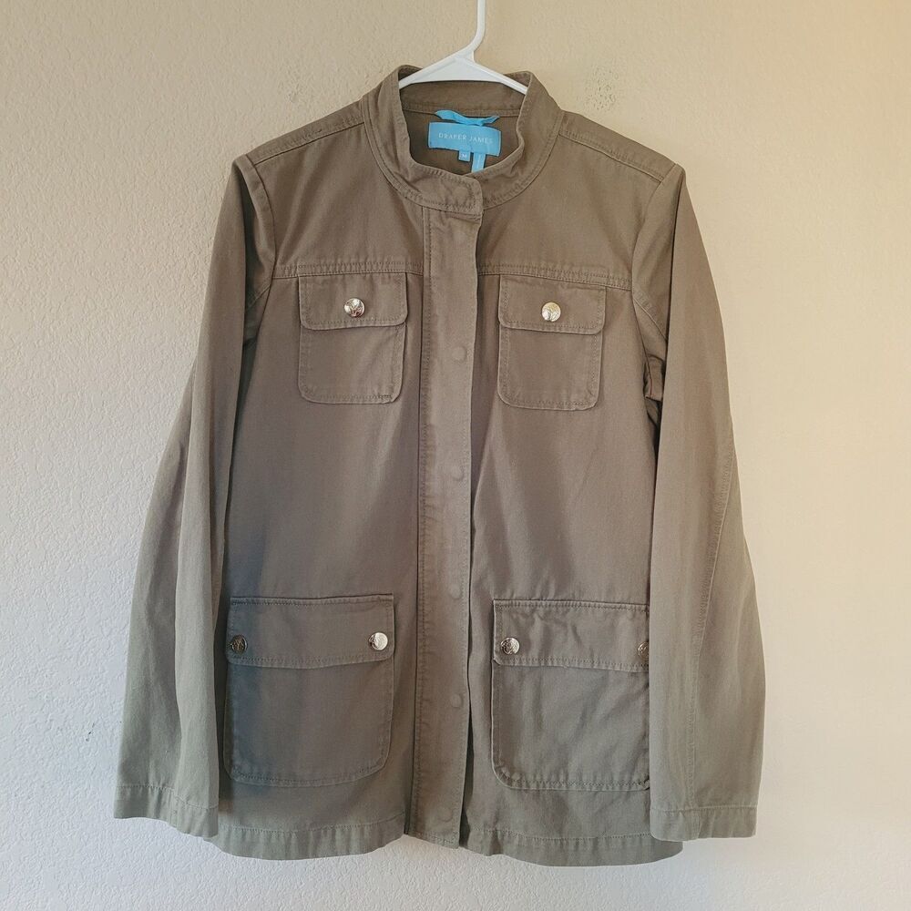 Draper James Chore Jacket Size Medium Green Button Front Pockets Utility Field